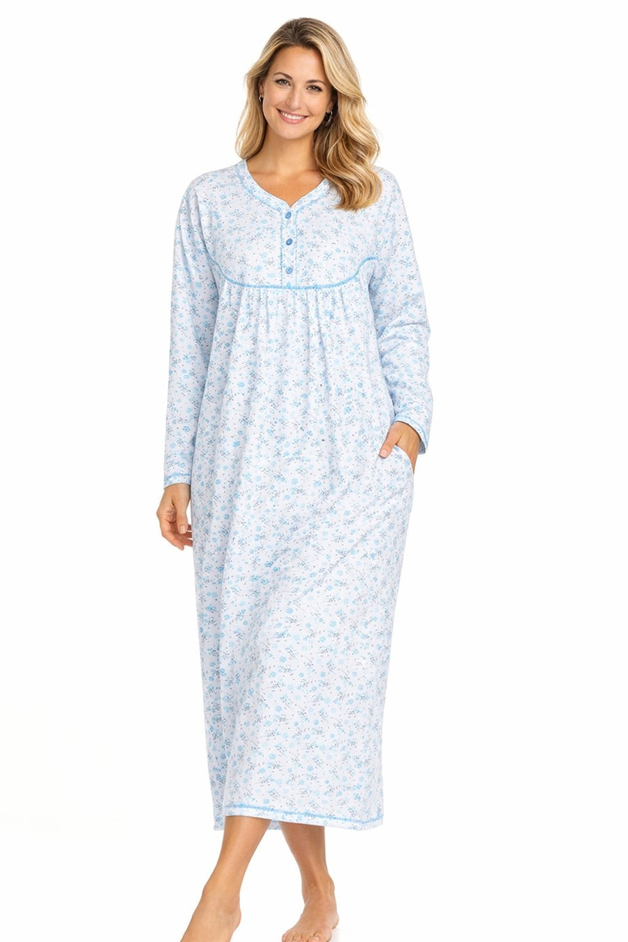 Women Long Nightdress Thermal Cotton Floral Button Soft Cozy Elegant Nightwear