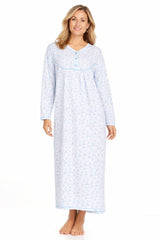 Women Long Nightdress Thermal Cotton Floral Button Soft Cozy Elegant Nightwear
