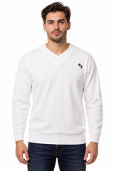 Men’s White V-Neck Bowling Jumper – Ribbed Knit Long Sleeve Pullover