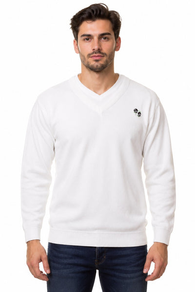 Men’s White V-Neck Bowling Jumper – Ribbed Knit Long Sleeve Pullover