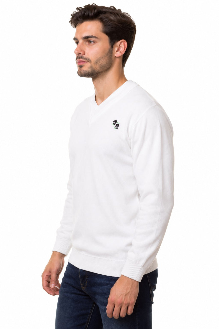 Men’s White V-Neck Bowling Jumper – Ribbed Knit Long Sleeve Pullover