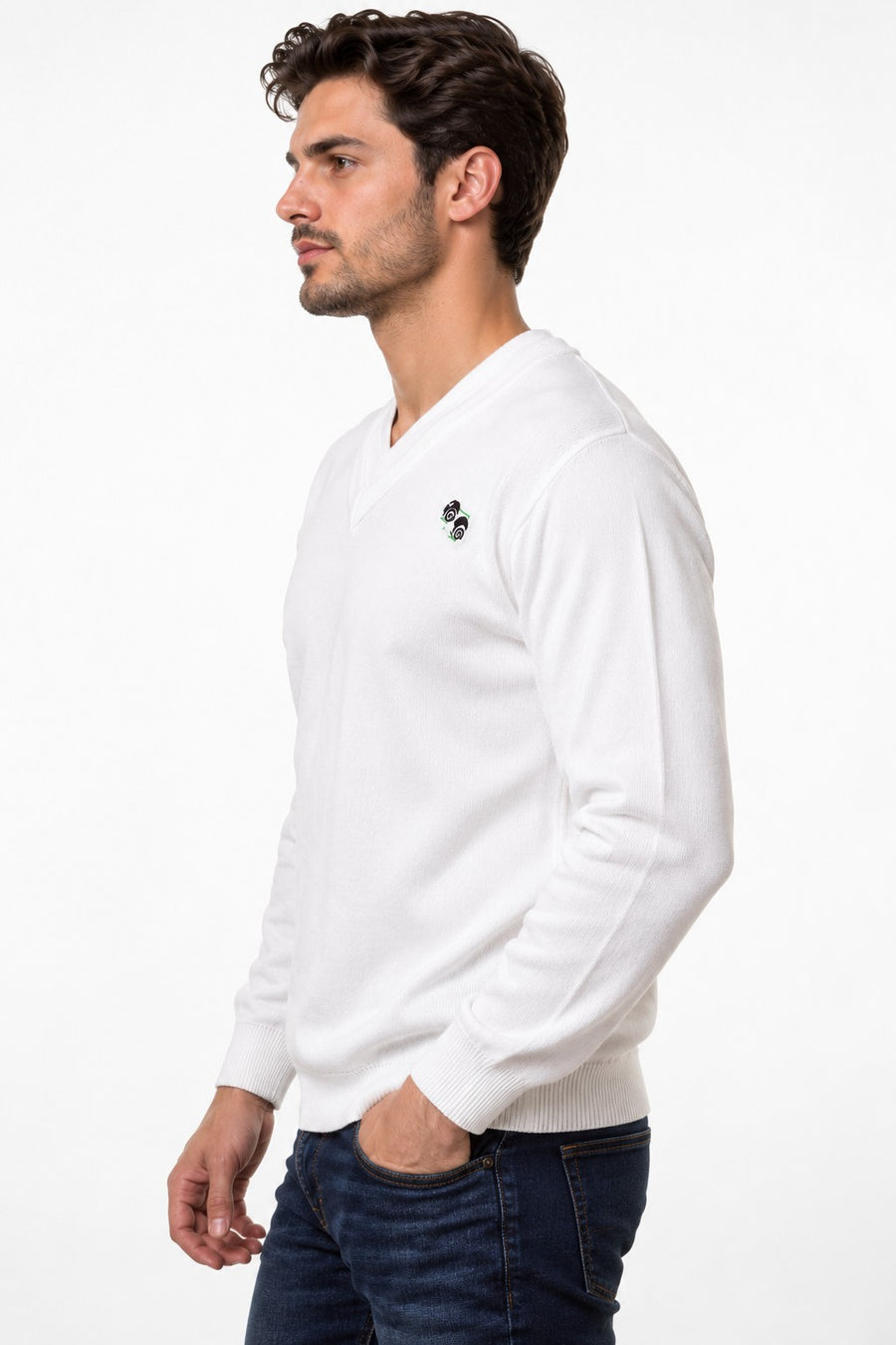 Men’s White V-Neck Bowling Jumper – Ribbed Knit Long Sleeve Pullover