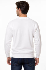 Men’s White V-Neck Bowling Jumper – Ribbed Knit Long Sleeve Pullover