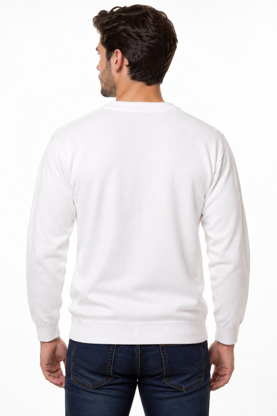 Men’s White V-Neck Bowling Jumper – Ribbed Knit Long Sleeve Pullover