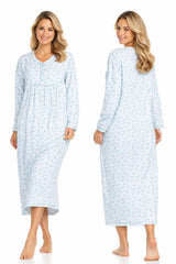 Women Long Nightdress Thermal Cotton Floral Button Soft Cozy Elegant Nightwear