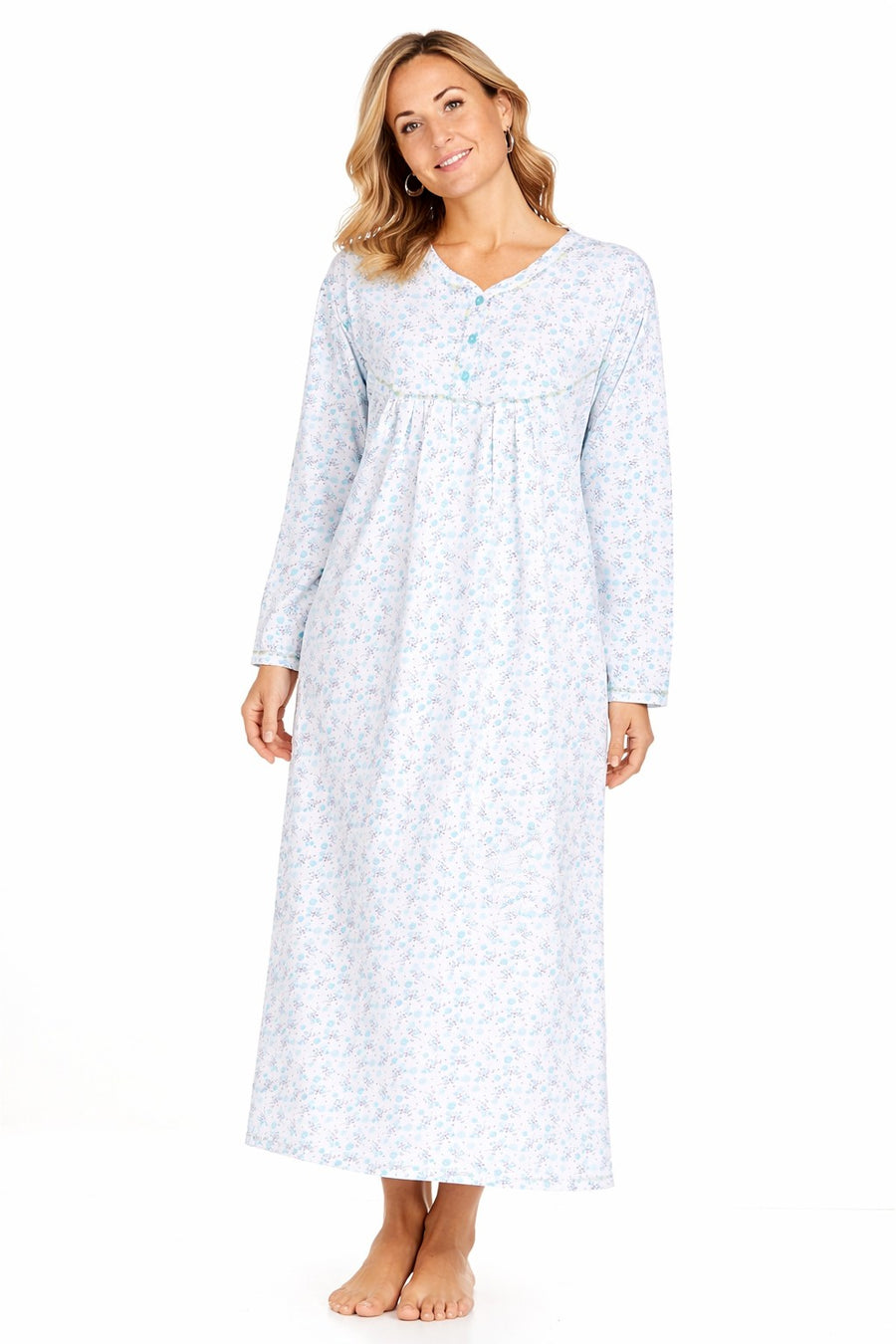 Women Long Nightdress Thermal Cotton Floral Button Soft Cozy Elegant Nightwear