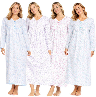 Women Long Nightdress Thermal Cotton Floral Button Soft Cozy Elegant Nightwear