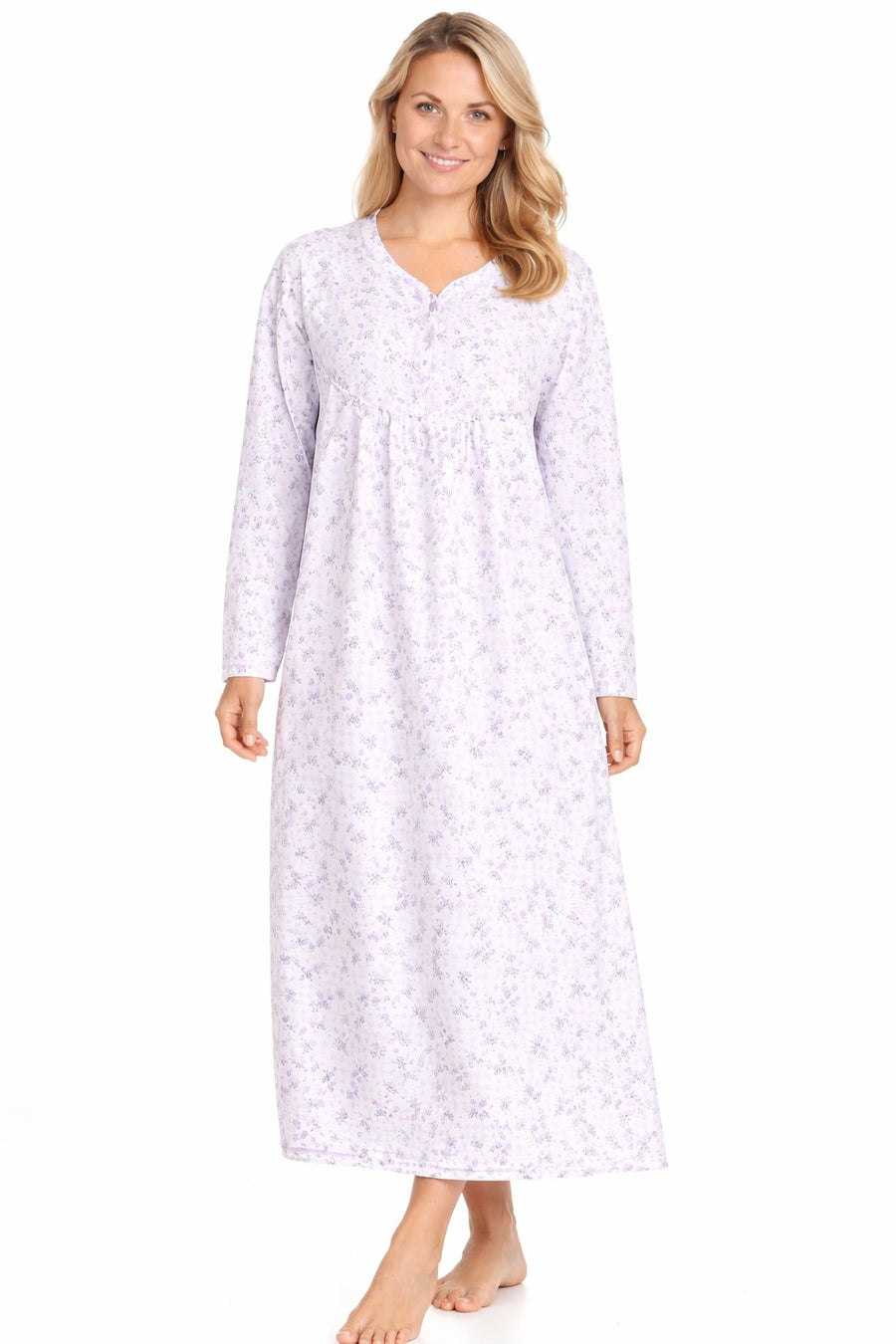 Women Long Nightdress Thermal Cotton Floral Button Soft Cozy Elegant Nightwear