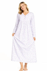 Women Long Nightdress Thermal Cotton Floral Button Soft Cozy Elegant Nightwear