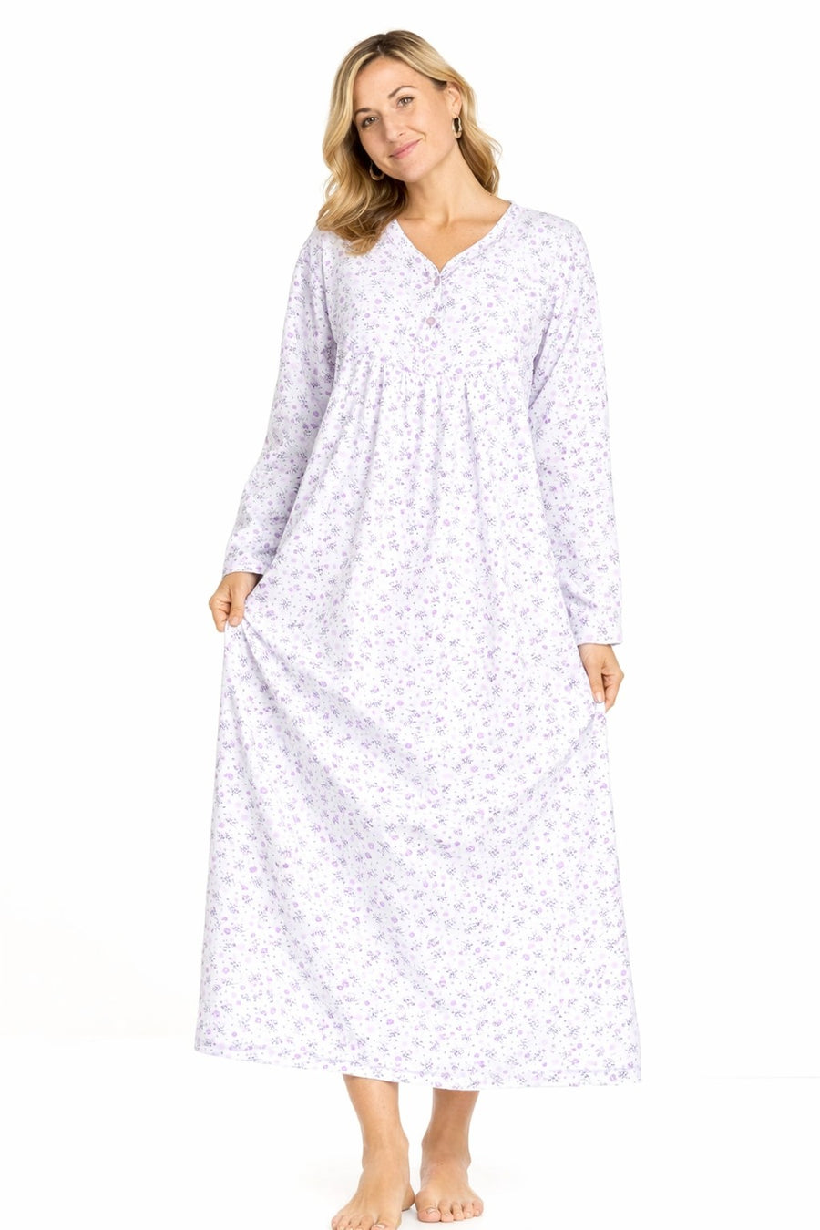 Women Long Nightdress Thermal Cotton Floral Button Soft Cozy Elegant Nightwear