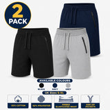 Mens 2 Pack Fleece Shorts Gym Jogging Bottoms Zip Pockets Elastic Waist S-XL