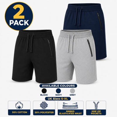 Mens 2 Pack Fleece Shorts Gym Jogging Bottoms Zip Pockets Elastic Waist S-XL