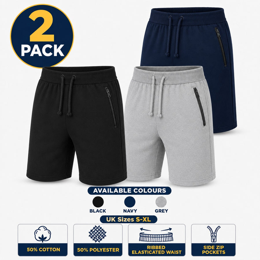 Mens 2 Pack Fleece Shorts Gym Jogging Bottoms Zip Pockets Elastic Waist S-XL