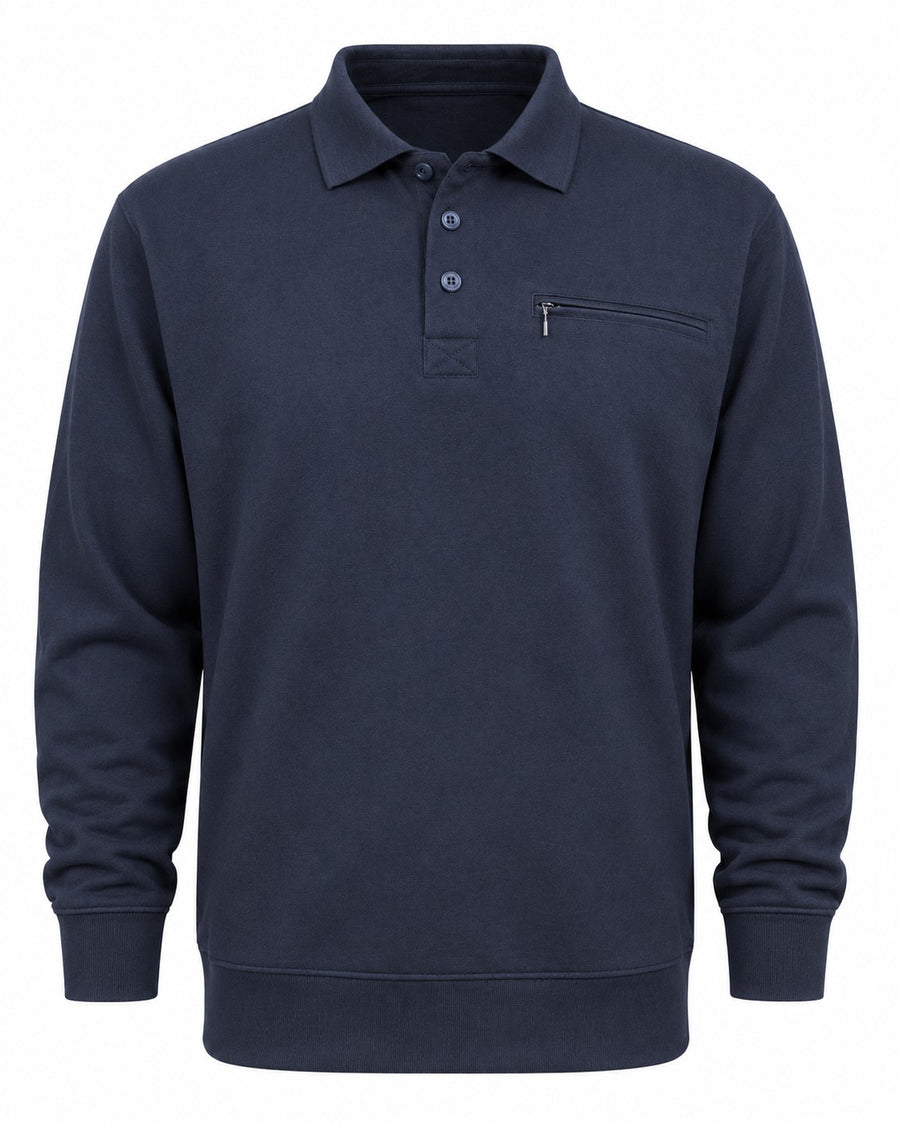 Mens Polo Sweatshirt Pocket Long Sleeve Fleece Top