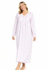 Women Long Nightdress Thermal Cotton Floral Button Soft Cozy Elegant Nightwear