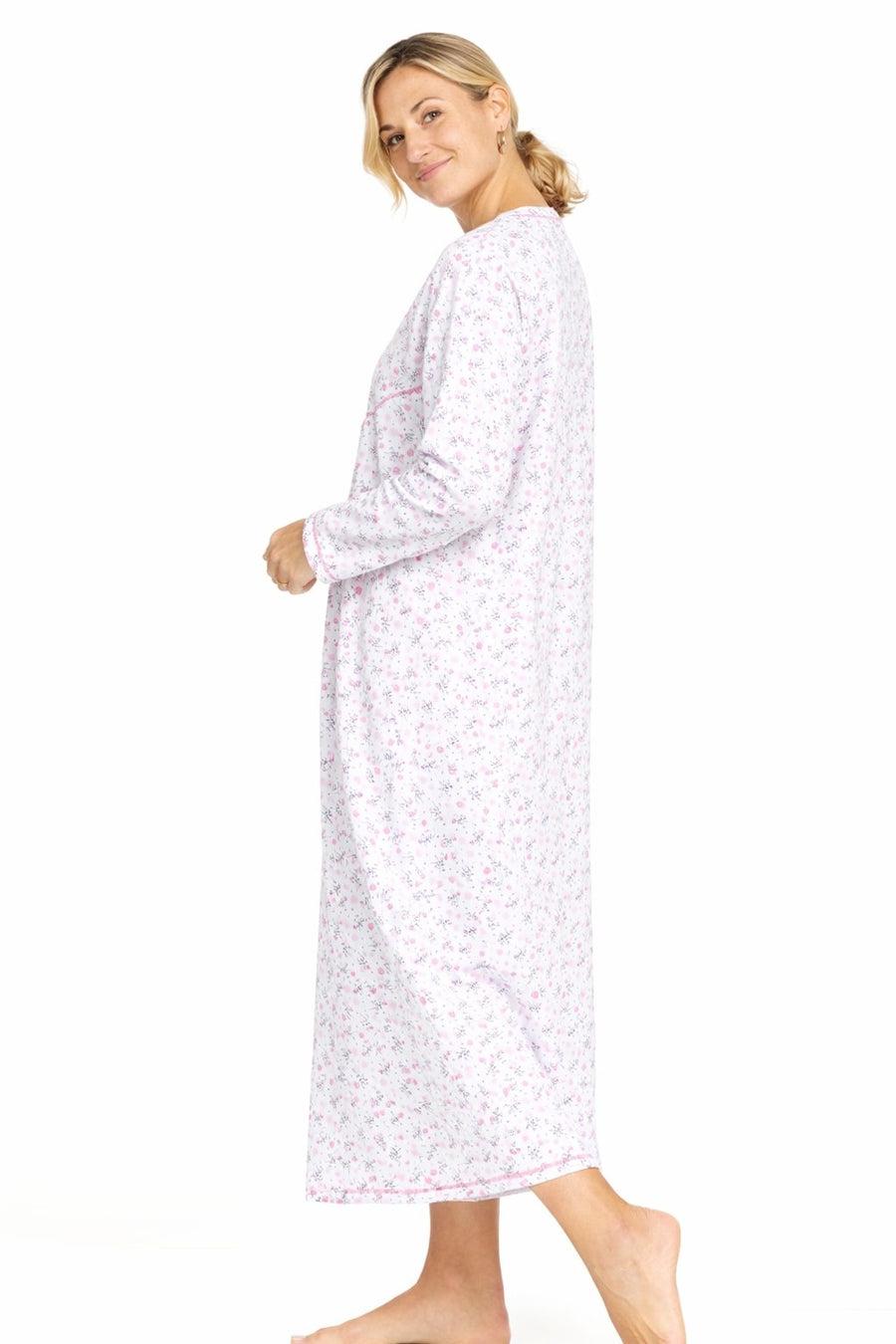 Women Long Nightdress Thermal Cotton Floral Button Soft Cozy Elegant Nightwear