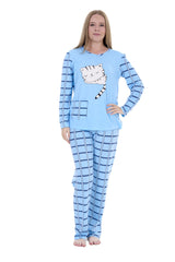 Women’s Long Sleeve Cat Print Pyjama Set – Soft Winter PJs – Checked Bottoms Loungewear Sleepwear