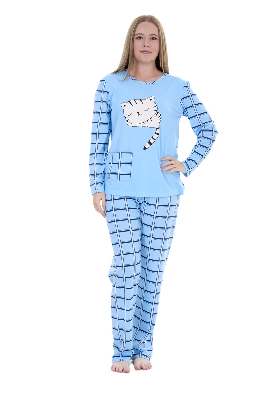 Women’s Long Sleeve Cat Print Pyjama Set – Soft Winter PJs – Checked Bottoms Loungewear Sleepwear