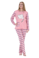 Women’s Long Sleeve Cat Print Pyjama Set – Soft Winter PJs – Checked Bottoms Loungewear Sleepwear