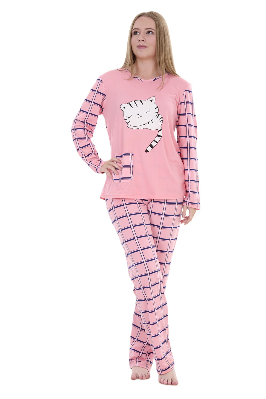 Women’s Long Sleeve Cat Print Pyjama Set – Soft Winter PJs – Checked Bottoms Loungewear Sleepwear