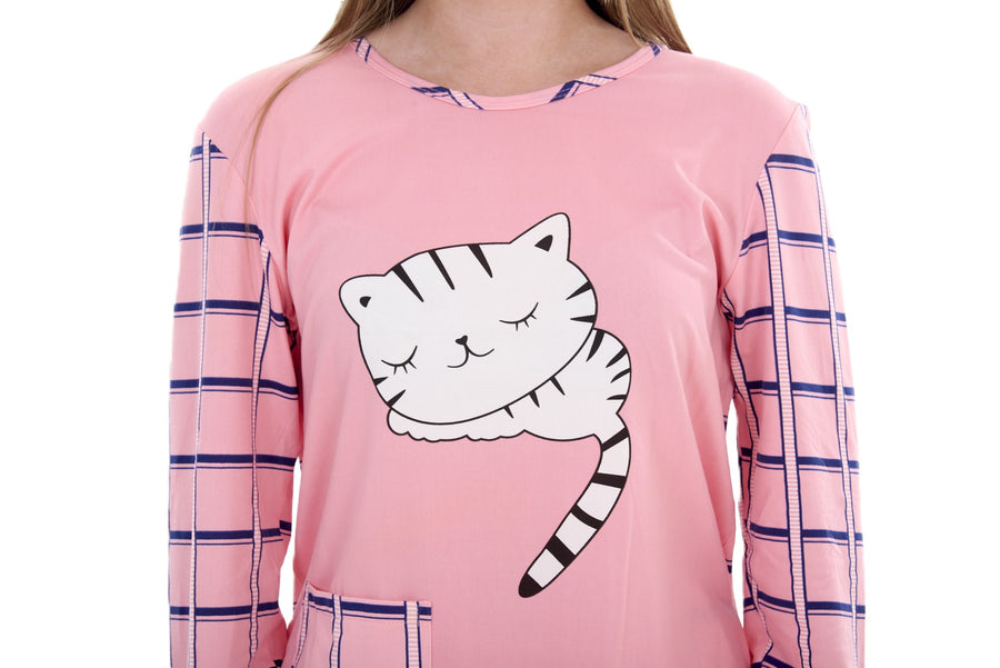 Women’s Long Sleeve Cat Print Pyjama Set – Soft Winter PJs – Checked Bottoms Loungewear Sleepwear