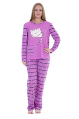Women’s Long Sleeve Cat Print Pyjama Set – Soft Winter PJs – Checked Bottoms Loungewear Sleepwear