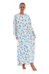 Cotton Thermal Long Nightdress Floral Buttons Crew Neck Ribbed Warm Nightwear