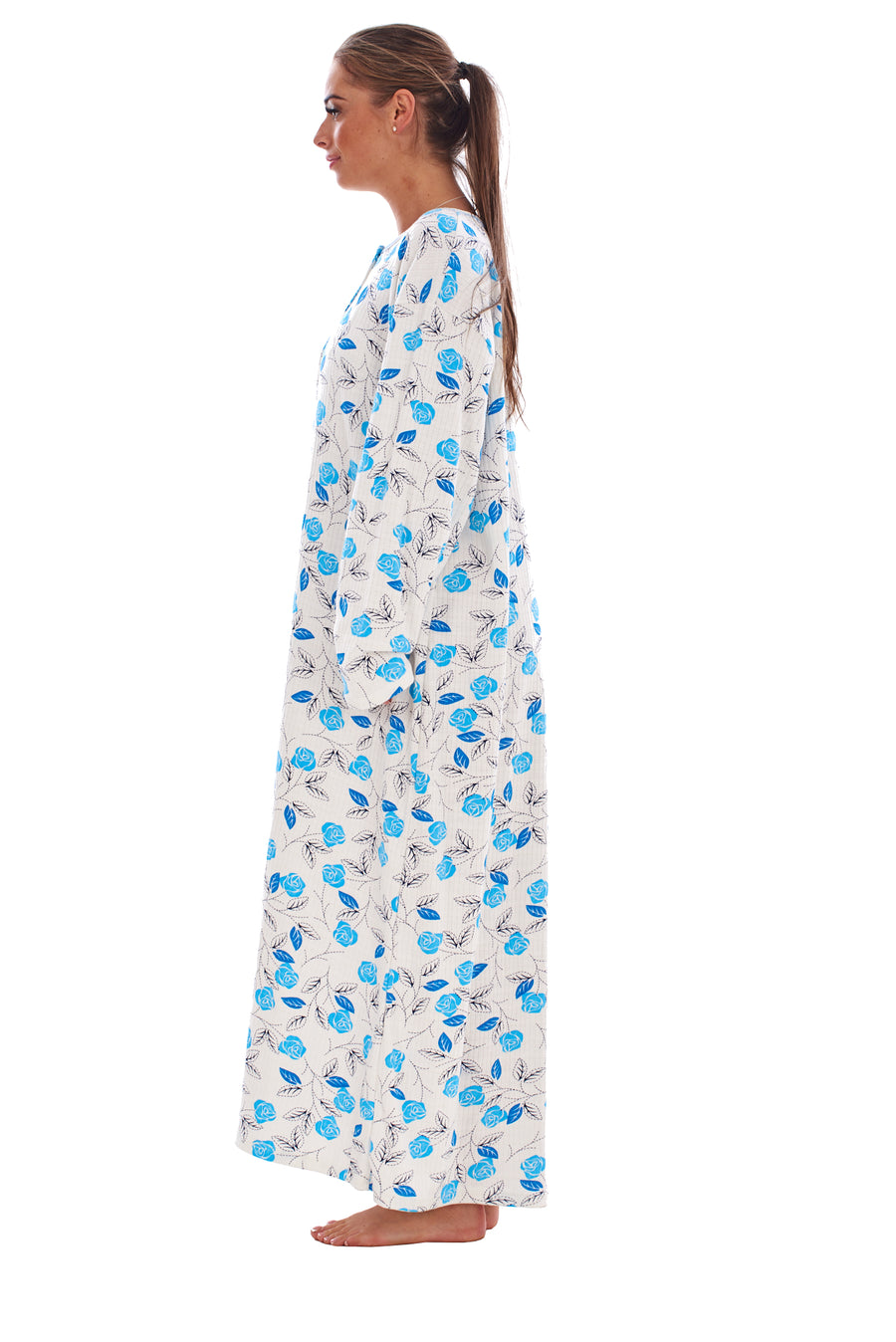 Cotton Thermal Long Nightdress Floral Buttons Crew Neck Ribbed Warm Nightwear