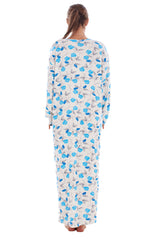 Cotton Thermal Long Nightdress Floral Buttons Crew Neck Ribbed Warm Nightwear