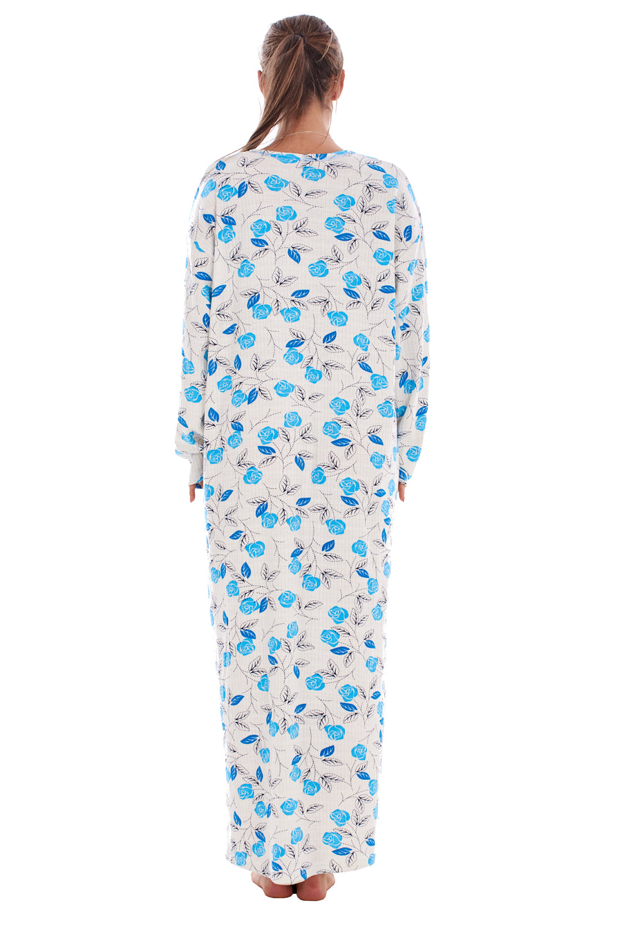 Cotton Thermal Long Nightdress Floral Buttons Crew Neck Ribbed Warm Nightwear