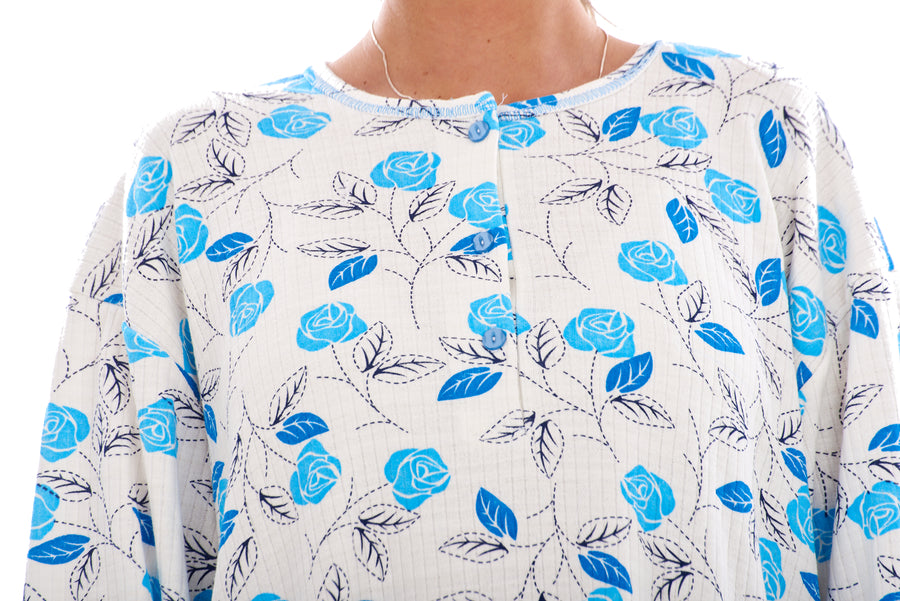 Cotton Thermal Long Nightdress Floral Buttons Crew Neck Ribbed Warm Nightwear