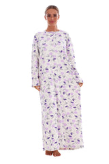 Cotton Thermal Long Nightdress Floral Buttons Crew Neck Ribbed Warm Nightwear