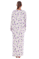 Cotton Thermal Long Nightdress Floral Buttons Crew Neck Ribbed Warm Nightwear