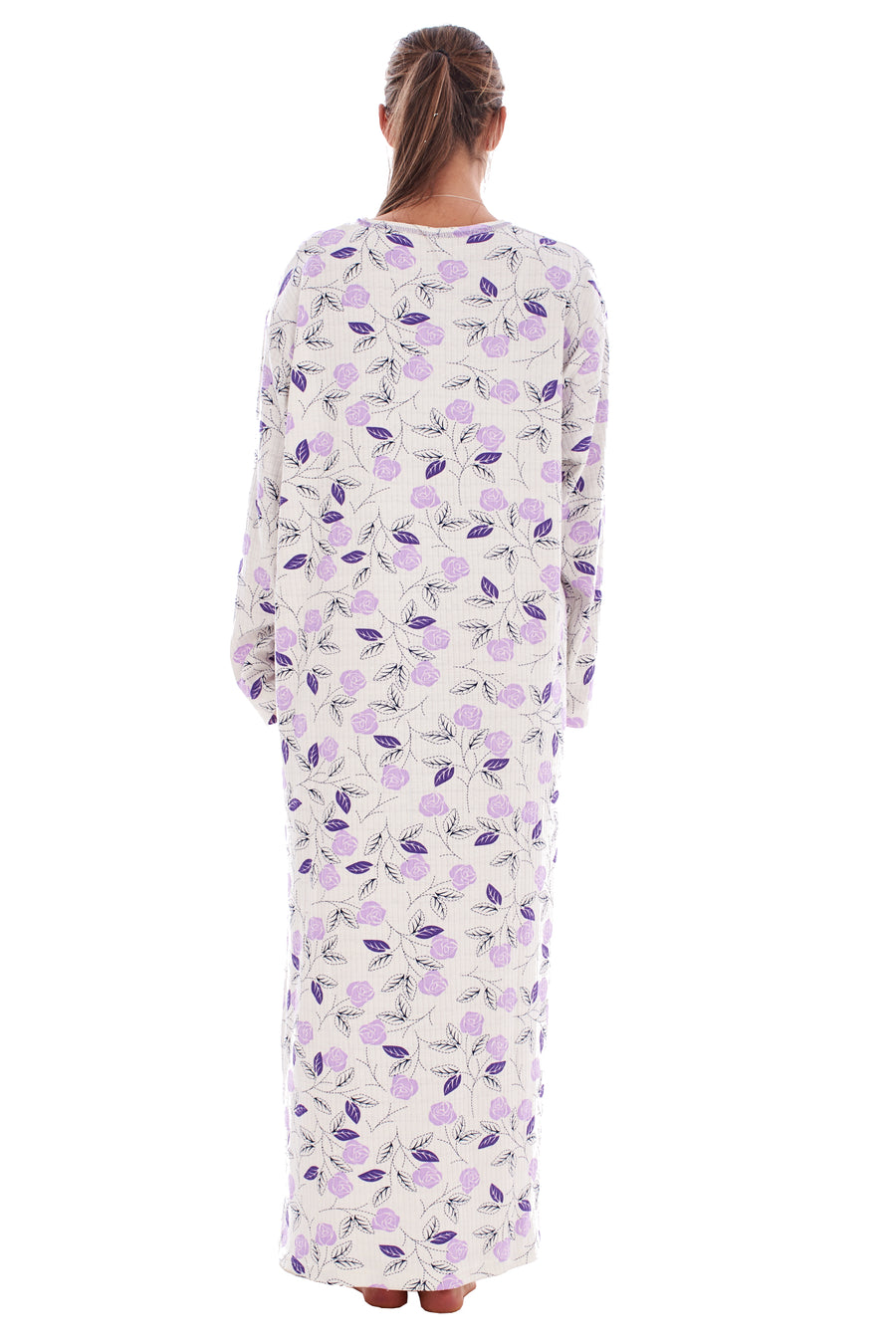 Cotton Thermal Long Nightdress Floral Buttons Crew Neck Ribbed Warm Nightwear