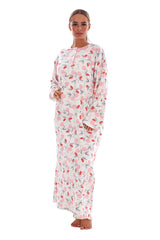 Cotton Thermal Long Nightdress Floral Buttons Crew Neck Ribbed Warm Nightwear