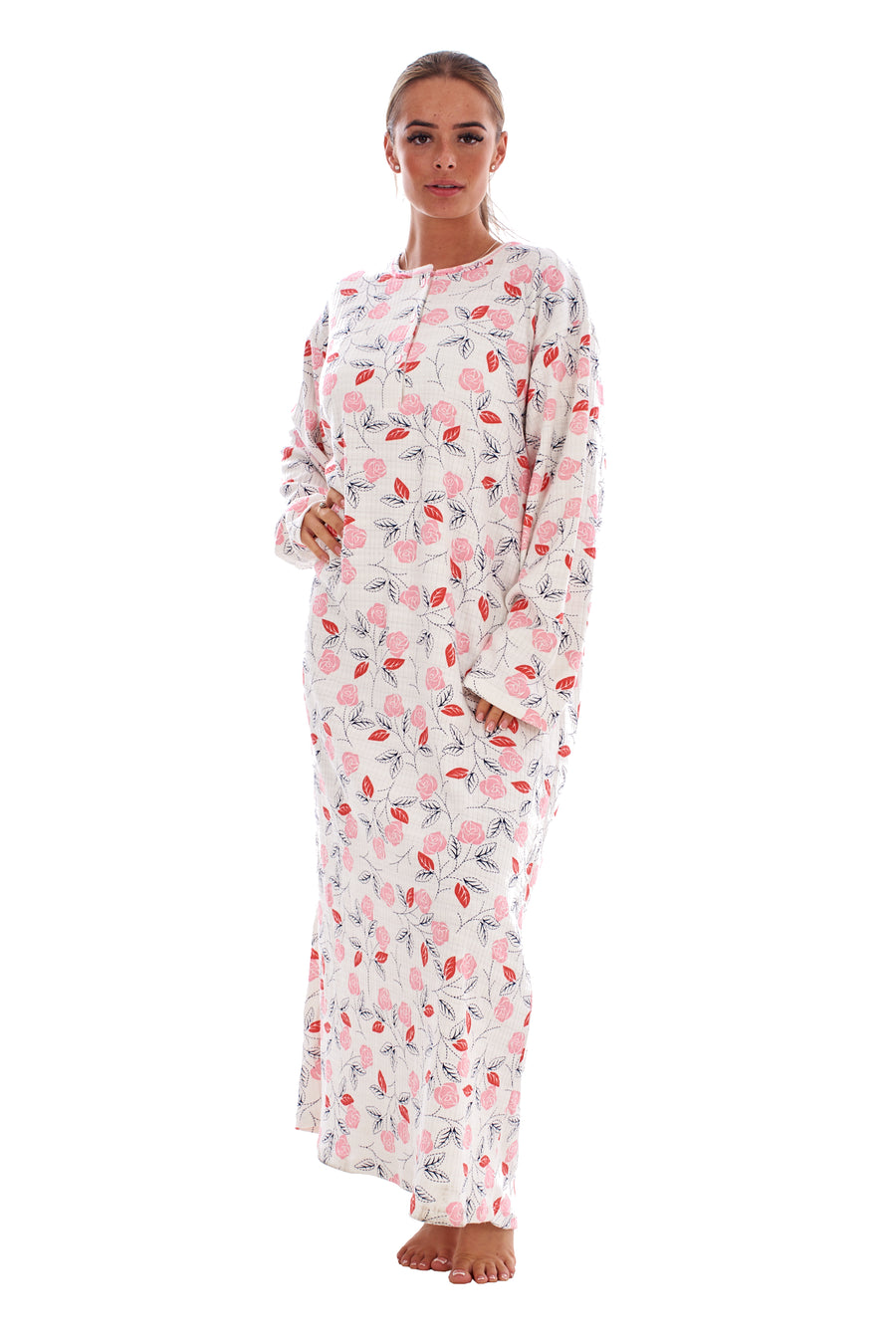 Cotton Thermal Long Nightdress Floral Buttons Crew Neck Ribbed Warm Nightwear