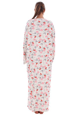 Cotton Thermal Long Nightdress Floral Buttons Crew Neck Ribbed Warm Nightwear