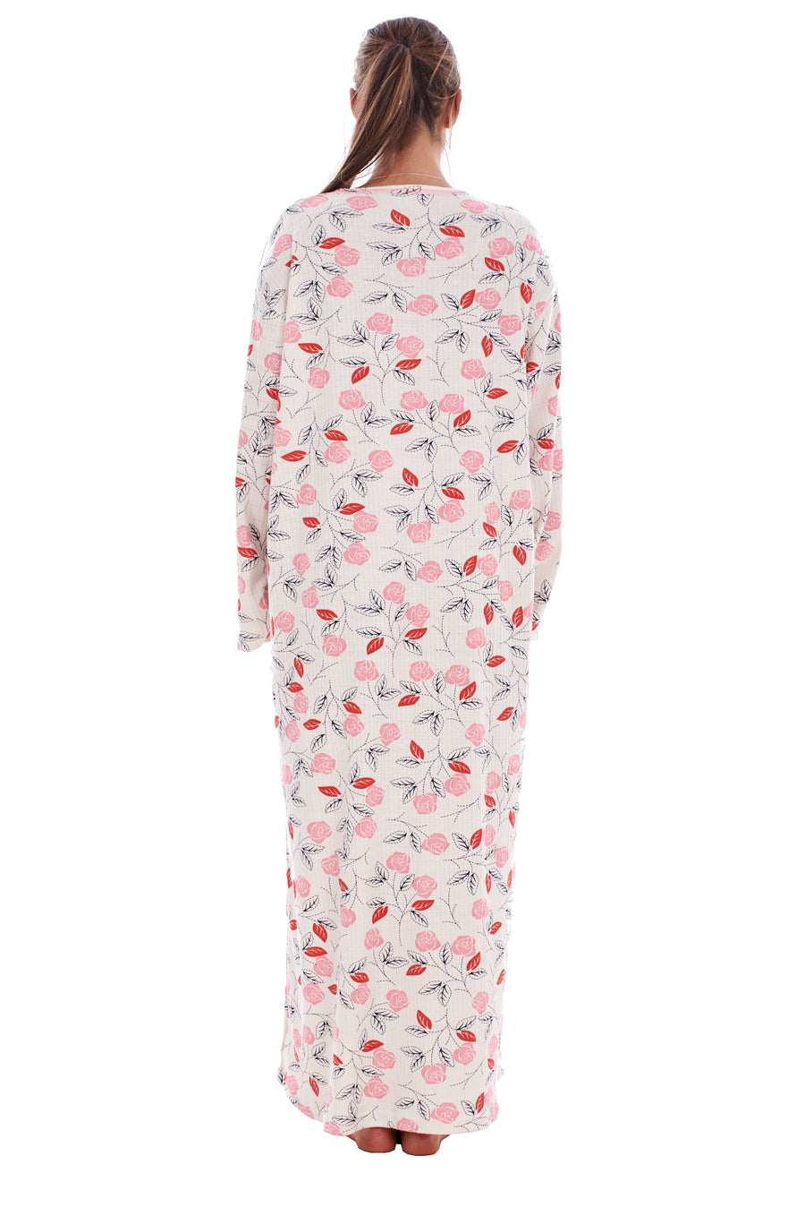 Cotton Thermal Long Nightdress Floral Buttons Crew Neck Ribbed Warm Nightwear