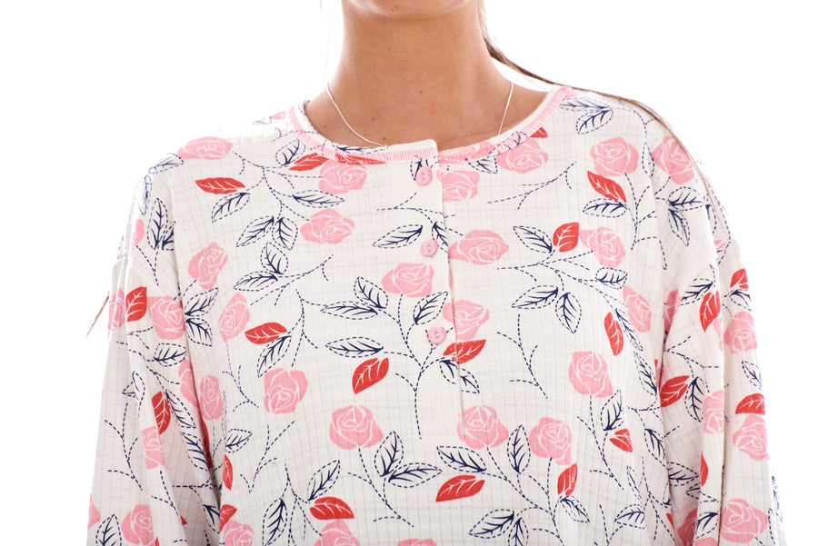 Cotton Thermal Long Nightdress Floral Buttons Crew Neck Ribbed Warm Nightwear