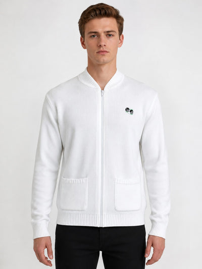 Men’s White Ribbed Zip-Up Cardigan – Long Sleeve Bowling Knit Jumper