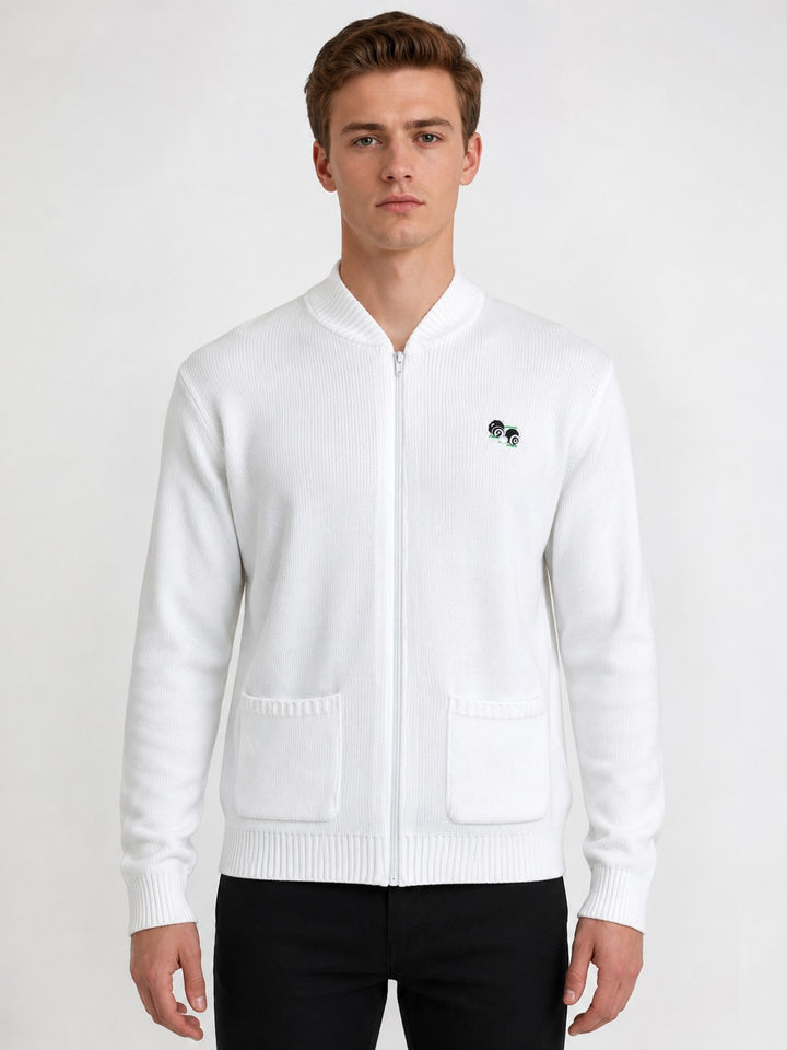 Men’s White Ribbed Zip-Up Cardigan – Long Sleeve Bowling Knit Jumper