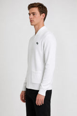 Men’s White Ribbed Zip-Up Cardigan – Long Sleeve Bowling Knit Jumper