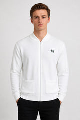 Men’s White Ribbed Zip-Up Cardigan – Long Sleeve Bowling Knit Jumper