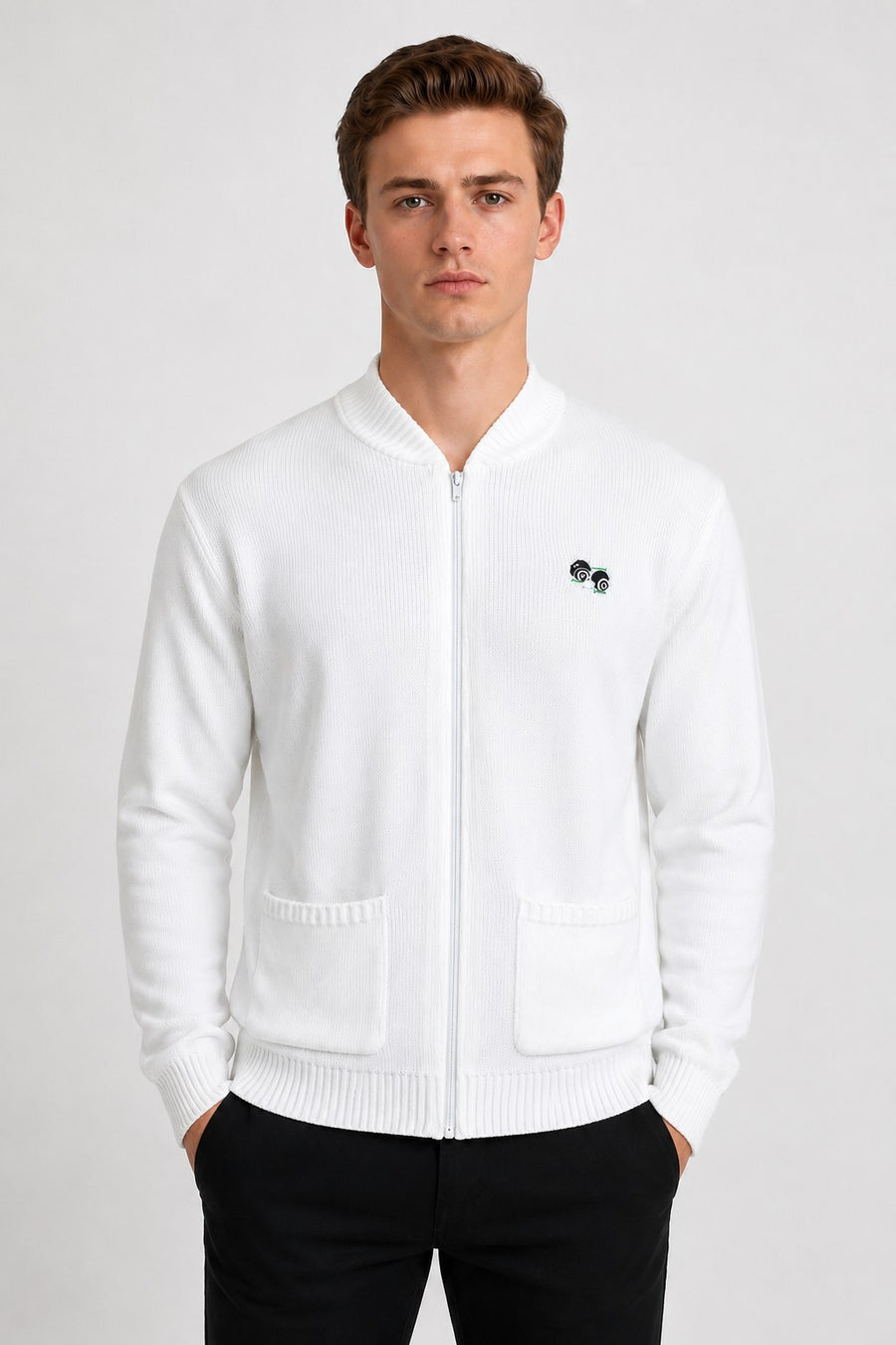 Men’s White Ribbed Zip-Up Cardigan – Long Sleeve Bowling Knit Jumper