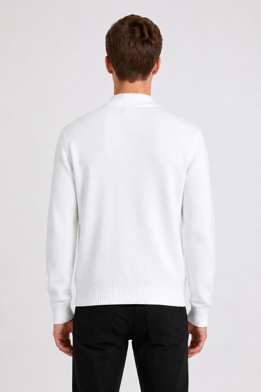 Men’s White Ribbed Zip-Up Cardigan – Long Sleeve Bowling Knit Jumper
