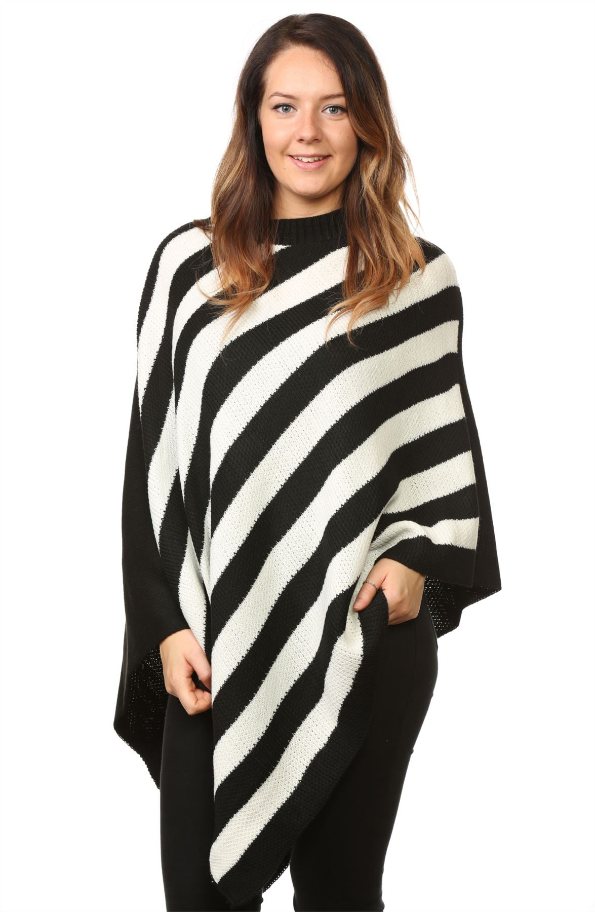 Black and White Striped Poncho Womens