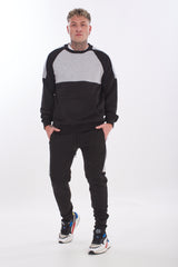 Mens Tracksuit Set Colour Block Sweatshirt Joggers Cotton Fleece
