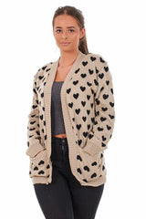 Womens Heart Print Cardigan Open Front Knitted Long Sleeve Casual Black White S-3XL