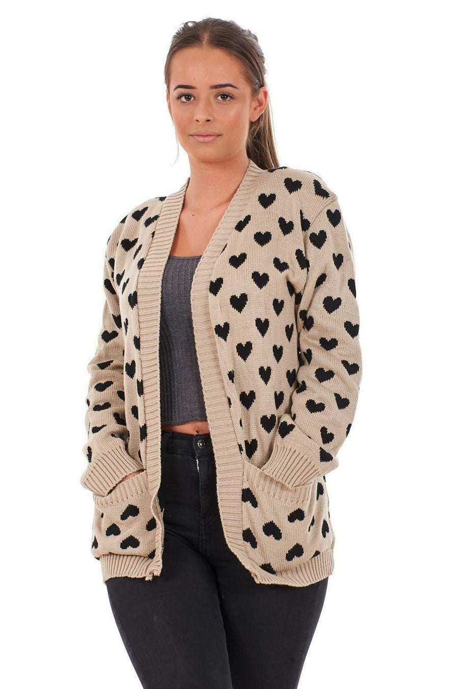 Womens Heart Print Cardigan Open Front Knitted Long Sleeve Casual Black White S-3XL