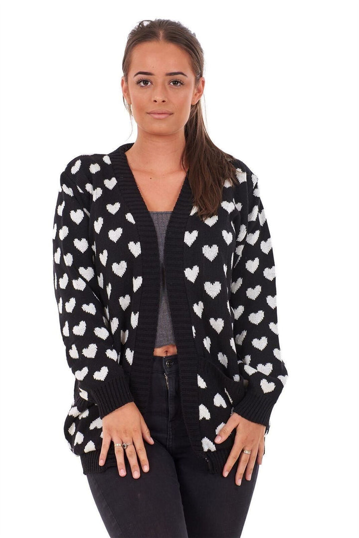 Womens Heart Print Cardigan Open Front Knitted Long Sleeve Casual Black White S-3XL